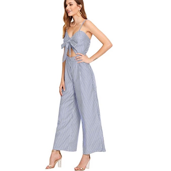 Blue Canvas Wide Leg High Waist Stripped Jumpsuit - Picture 2 of 5